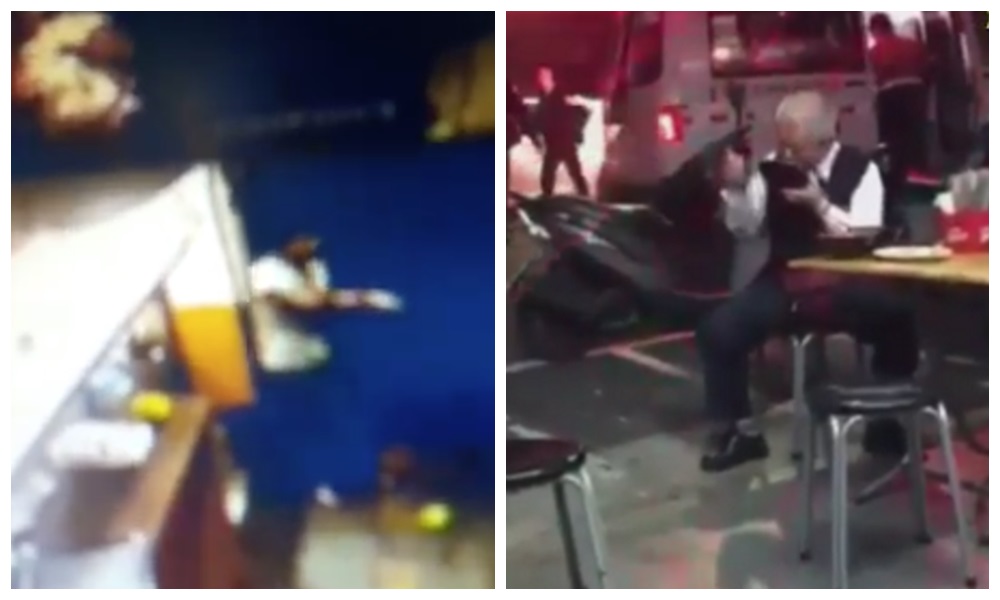 身穿白衣的賴姓被害人吃麵吃到一半，遭仇家上門討債，雙手手臂遭砍傷。阿伯無視身後救護車，淡定吃麵的舉動意外掀起網友討論。