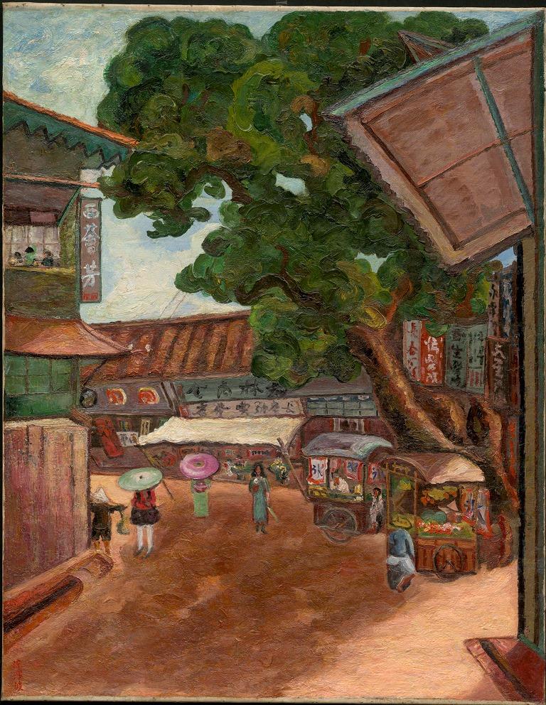 陳澄波1932年的畫作《西薈芳》,畫中三個女人分別穿著和服、旗袍與洋裝,三個不同的世界自然地融合在一起。