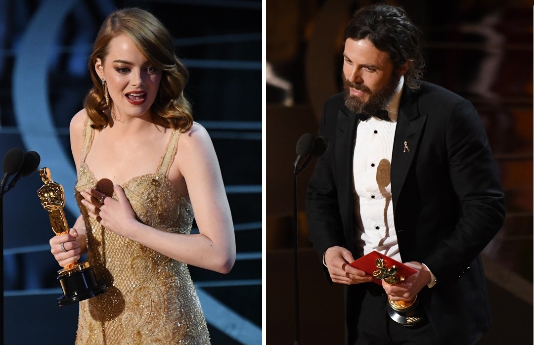 影后由《樂來越愛你》艾瑪史東（左）摘下，凱西艾佛列克（右）憑《海邊的曼徹斯特》勇奪奧斯卡影帝。