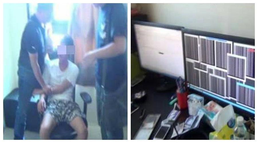 林高義（左）在漢翔路工作室落網。詐欺中繼站機房電腦、寬頻線路等設備，均被警方查扣。