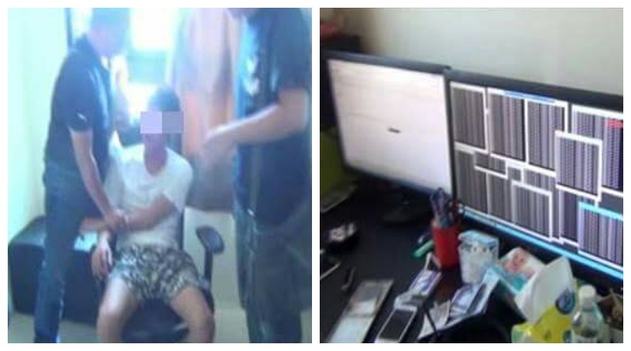 林高義（左）在漢翔路工作室落網。詐欺中繼站機房電腦、寬頻線路等設備，均被警方查扣。