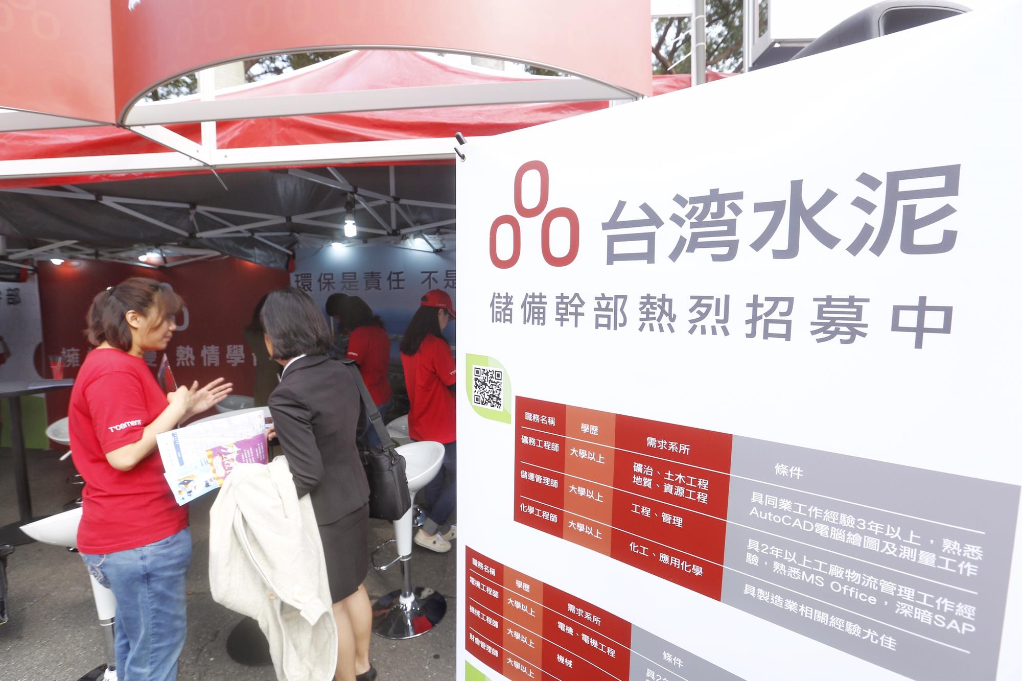 台灣水泥今(5)日參加台大就業博覽會,祭出百萬年薪吸引新鮮人加入傳統產業。