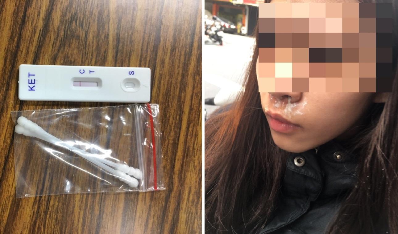 林女(右)連續2天吸毒,滿臉白色粉末成為鐵證,她起先否認吸毒,但白色粉末經查發現是K他命。