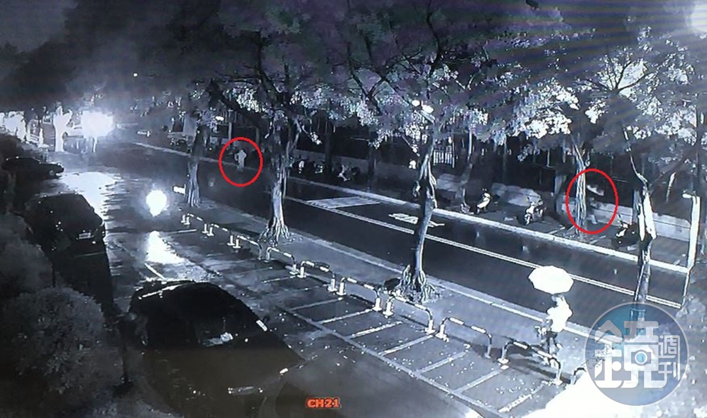 手持雨傘、穿七分褲的柯姓路人，遭轎車駕駛追逐。