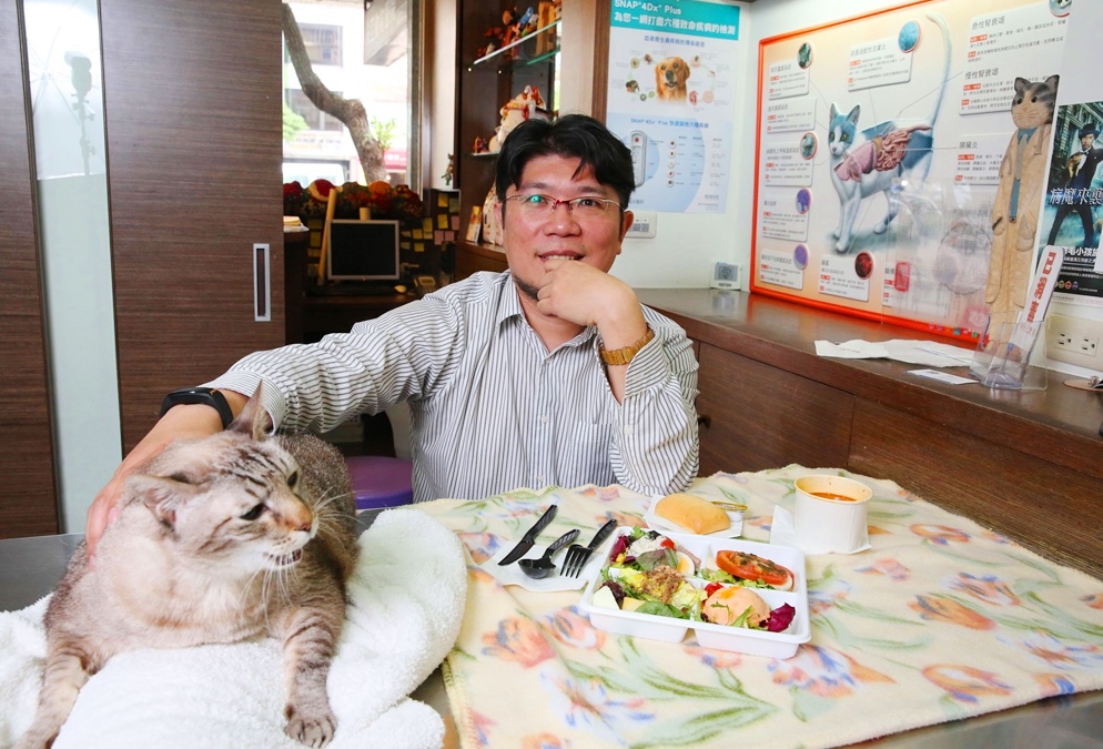 陳易成家裡有許多醫院救回來的病貓，只有診所裡的「阿蝦」是「無病領養」。