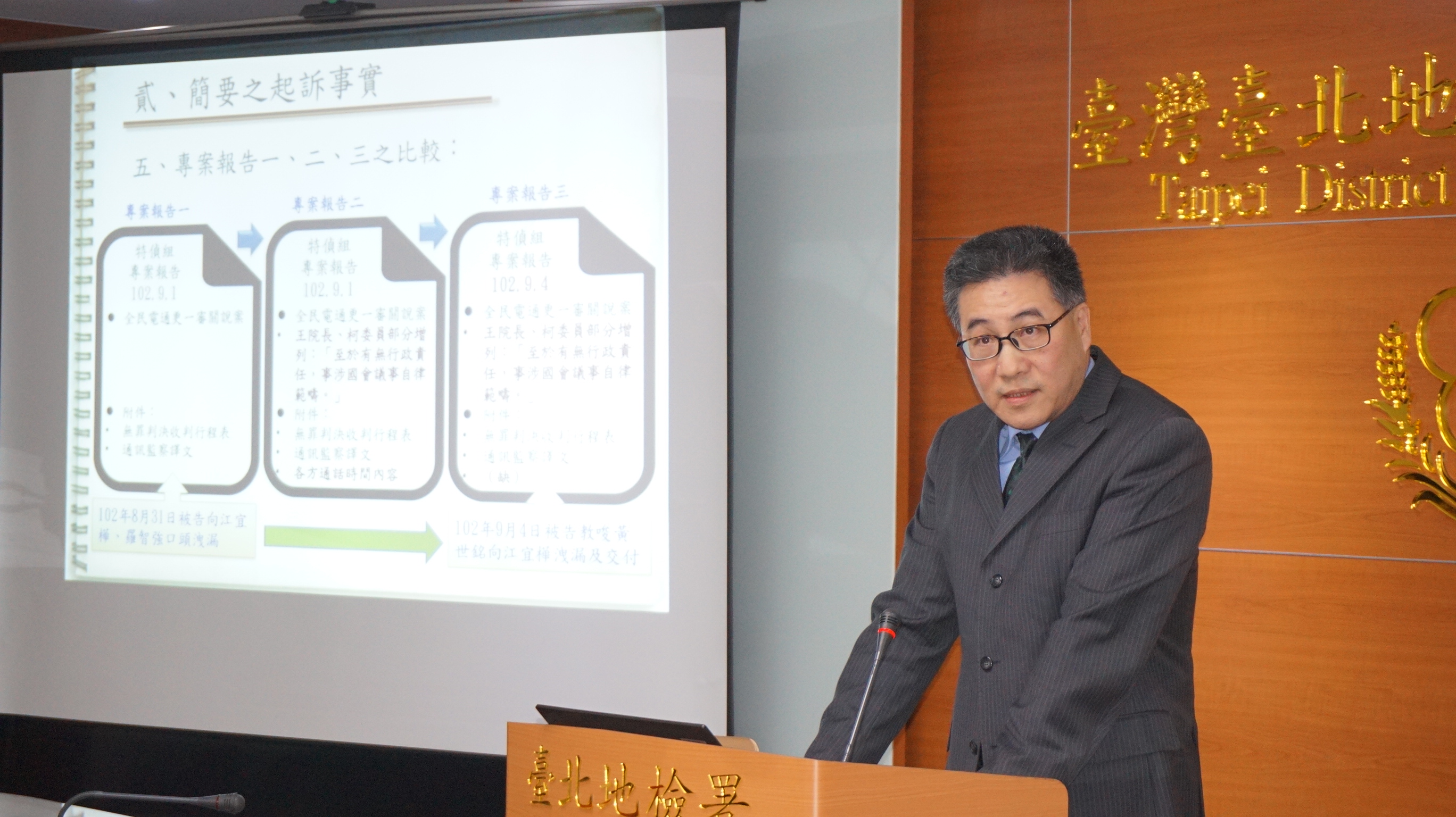 台北地檢署襄閱主任檢察官張介欽上午說明起訴前總統馬英九三大罪狀。