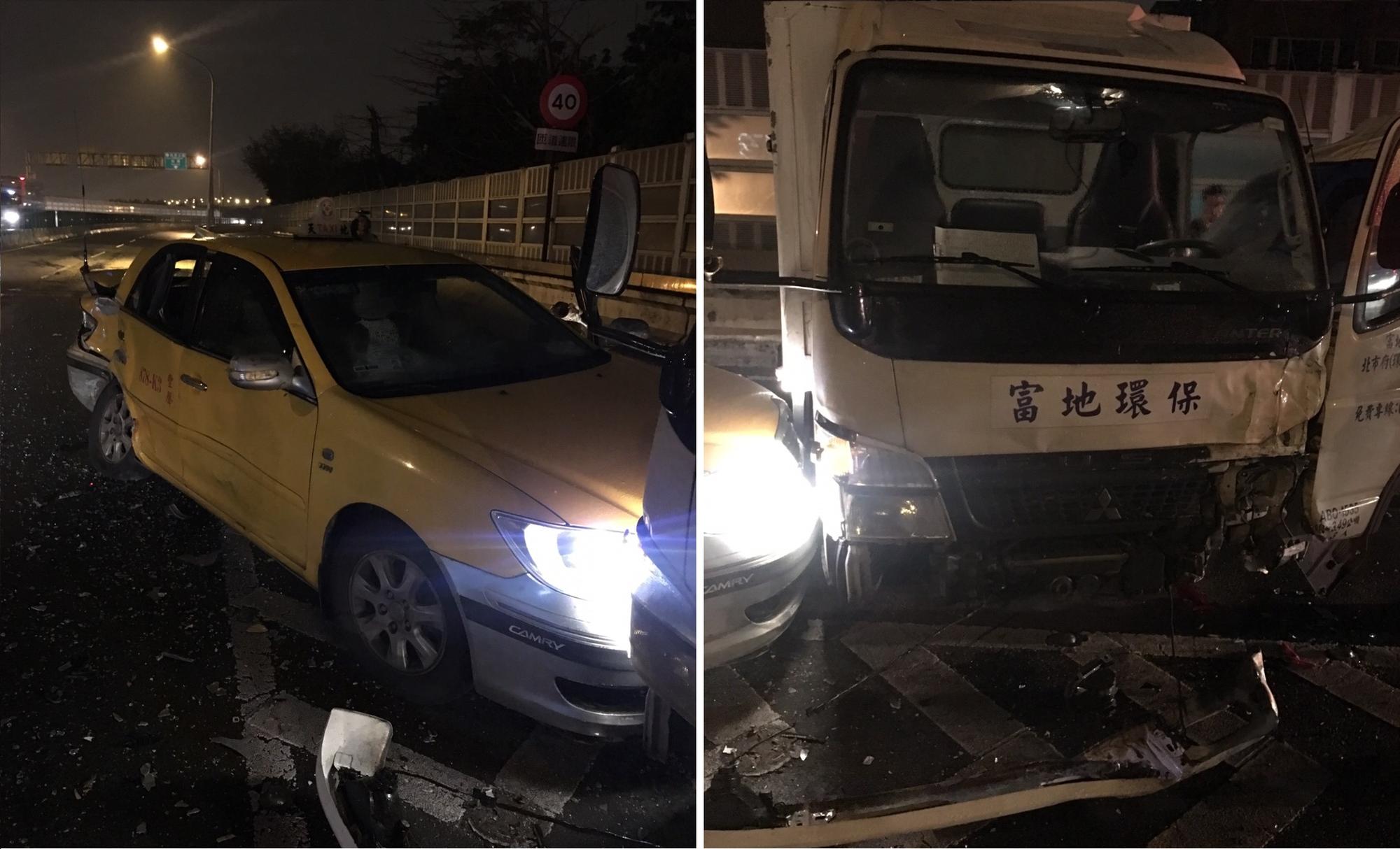 肇事的計程車違規切入車道,導致一連串車禍發生,地上散落一堆碎玻璃(左圖)。車速快的白色貨車駕駛撞上前方計程車後,又遭藍色貨車從後追撞(右圖)。