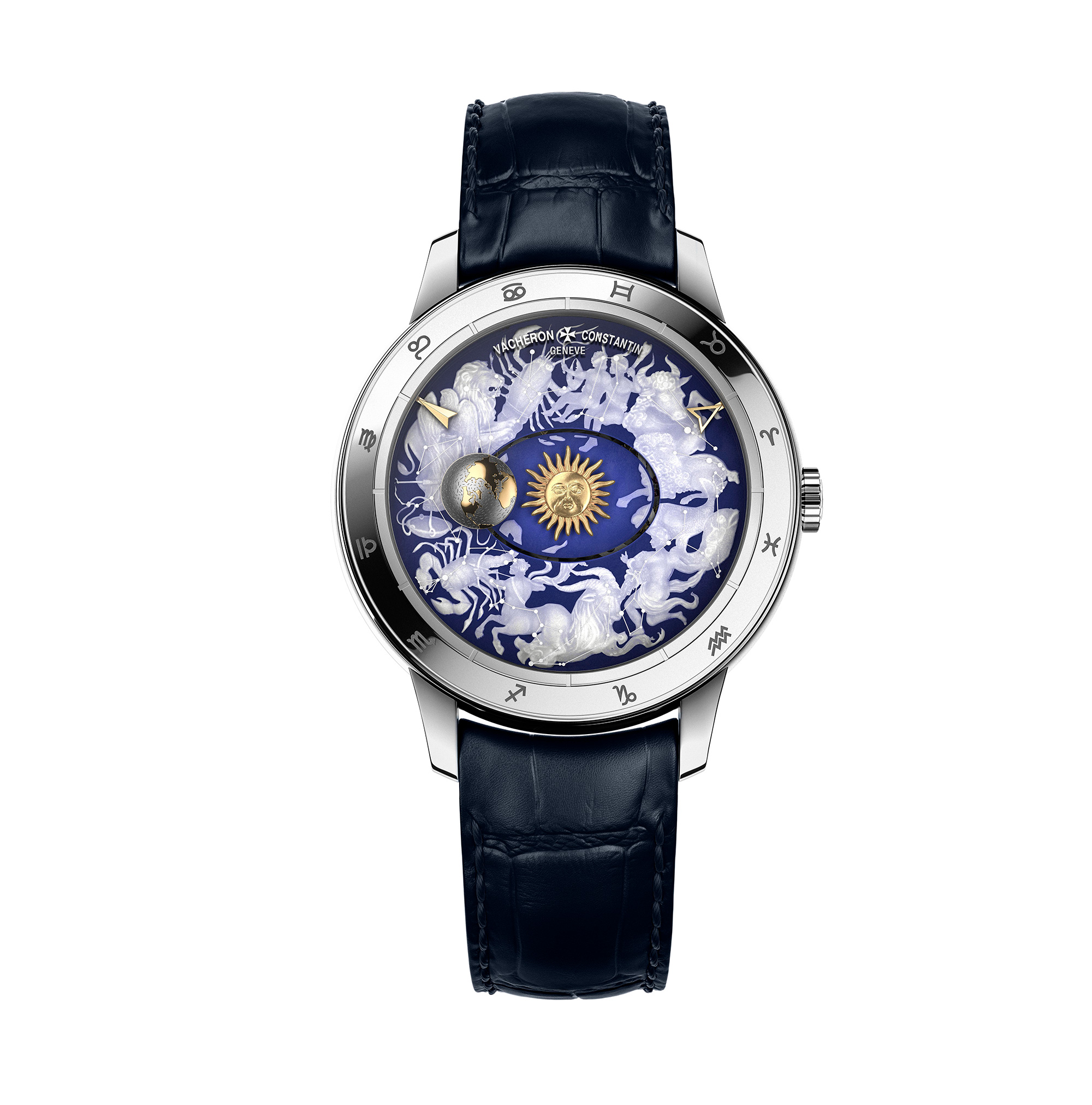 藝術大師系列Copernicus celestial spheres 哥白尼天體球腕錶，藍寶石水晶上的鐳射雕刻與手工雕刻版本（型號7600U/000G-B226），定價NT$3,170,000。