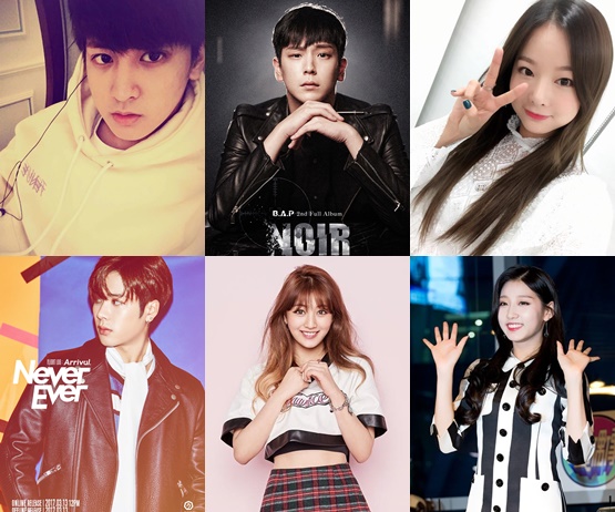 韓國偶像近來傷兵頻傳，iKON粲右（上左一）拍攝MV腳踝受傷，仍將前往日本進行演唱會活動。上左二起：B.A.P力燦、EXID率智。下左起：GOT7 Jackson、TWICE志效和LOVELYZ叡仁。