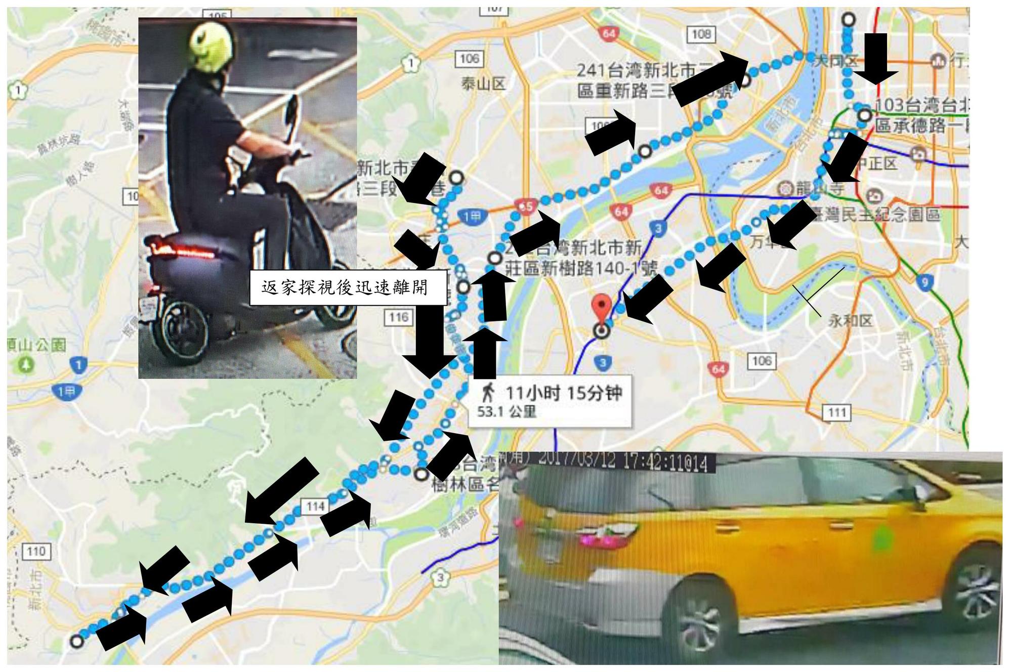 徐嫌在新北市的逃亡路線圖，意圖讓警方掌握不到行蹤。
