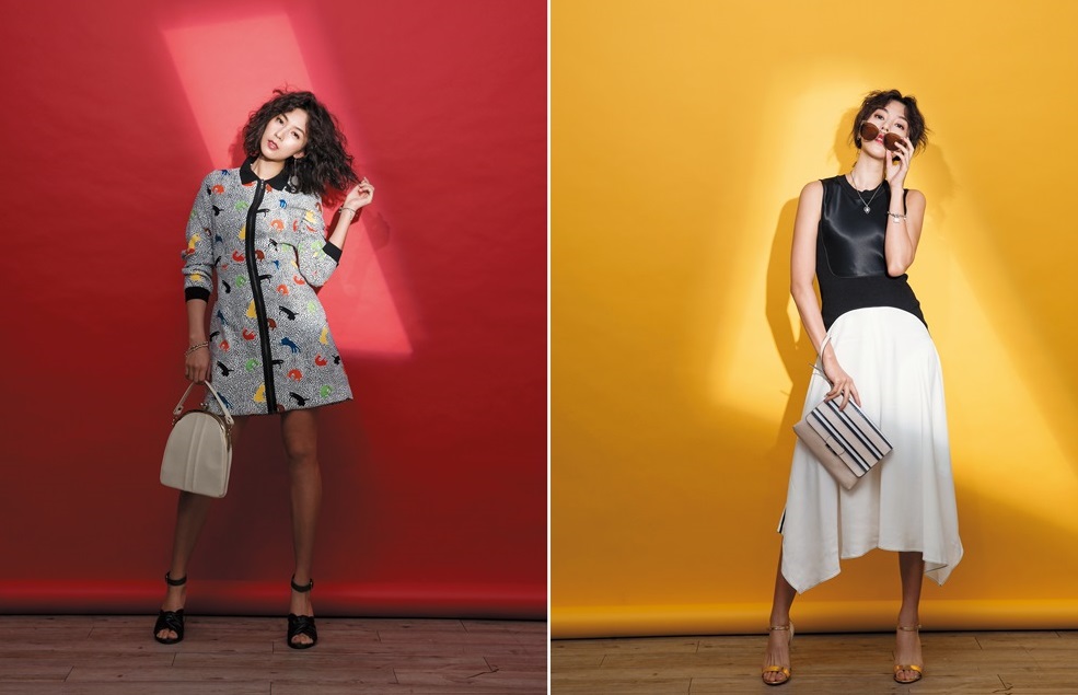 PAUL & JOE SISTER貓咪圖騰拉鍊連身洋裝，NT$12,800。紐約買的古董白色手袋，約NT$2,000 折扣時搶到的CÉLINE。露趾高跟鞋，約NT$3,000（圖左）。DKNY黑白撞色洋裝，NT$22,690。Fakeme墨鏡，NT$7,600。MAX&Co.手拿包，約NT$5,000。STELLALUNA露趾高跟鞋，約NT$10,000（圖右）。