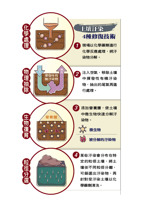 土污修復技術大致分為四種，「化學處理」「物理抽除」「生物復育」「粒徑分選」。