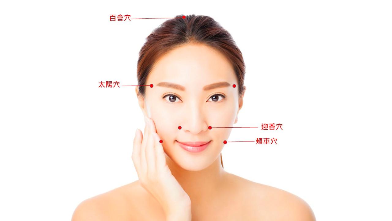 全臉肌膚按摩的原則為「由下往上」拉提,穴位可用穴點壓揉方式按摩。