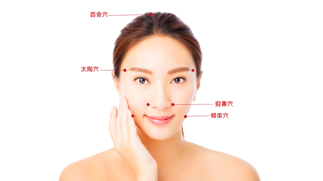 全臉肌膚按摩的原則為「由下往上」拉提,穴位可用穴點壓揉方式按摩。