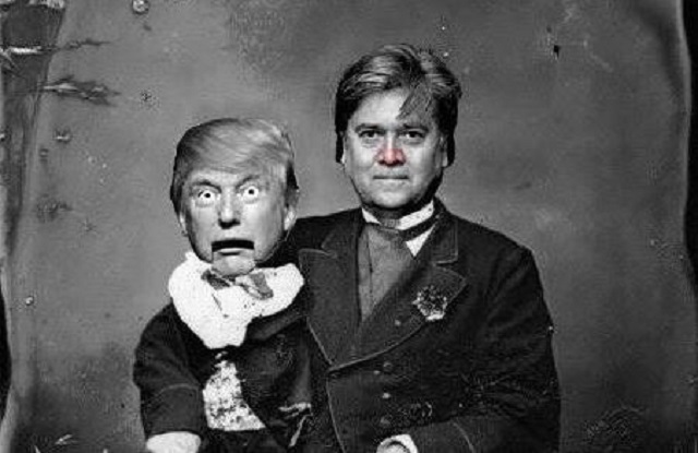 媒體總把川普比喻為魁儡，稱白宮首席策士巴農（右）才是真正發號司令的老闆！這讓川普極度不悅，據說也是川普考慮撤換巴農的原因之一。（翻攝網路）