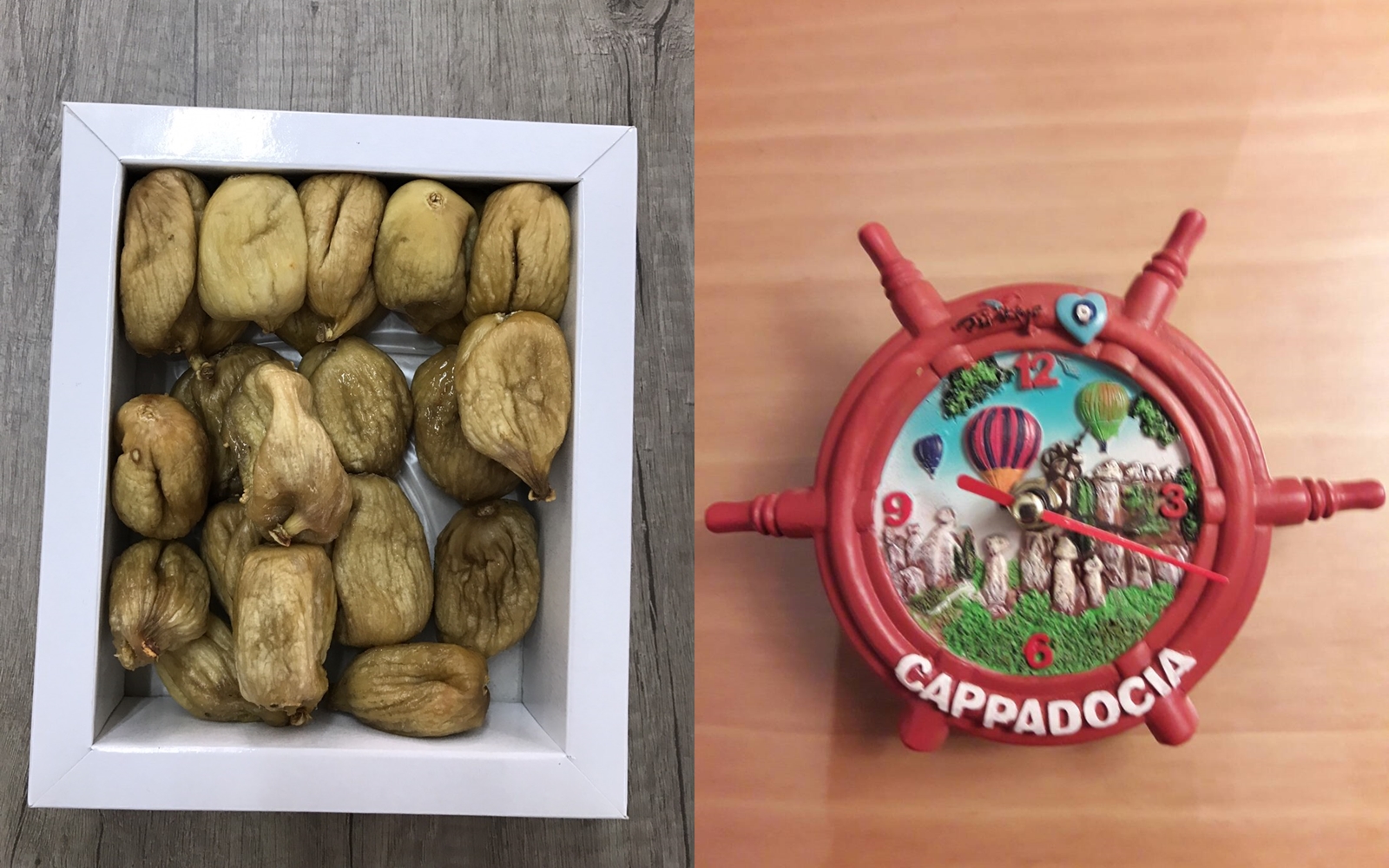 陳小姐遇到碰瓷手法，一個12.5里拉的時鐘（圖右），竟索費7美元賠償；12美元的無花果（圖左），內容物數量卻不到宣稱的一半。