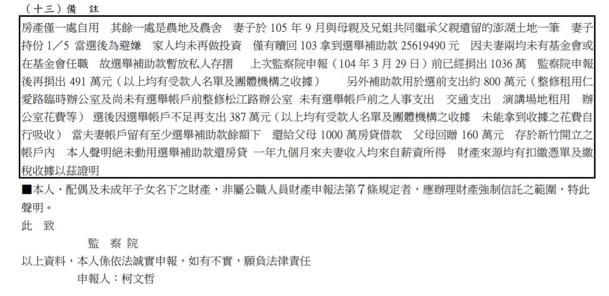 柯文哲申報財產聲明。