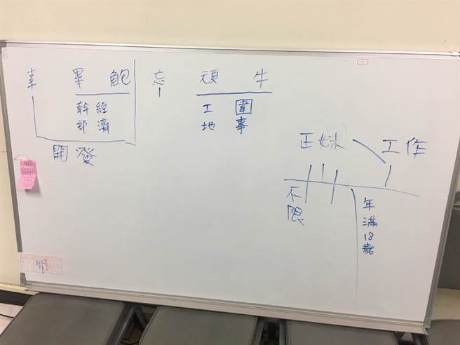 簡雨新在白板上寫下各種拐騙計畫,要求幫眾找尋可以下海的正妹。