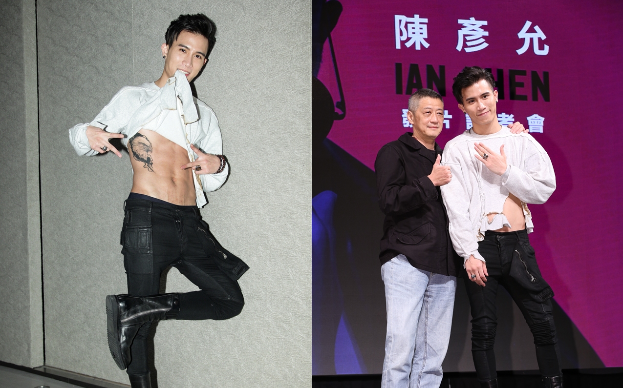 陳彥允大秀老鷹刺青（左圖），陳彥允和老闆李亞明（右圖）。