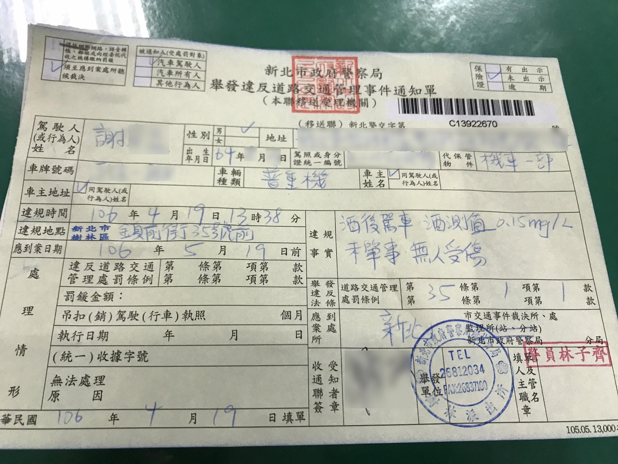 謝男騎車到派出所報案,警方酒測後發現他酒測值達0.15mg/L,且有公共危險紀錄,據此開罰。
