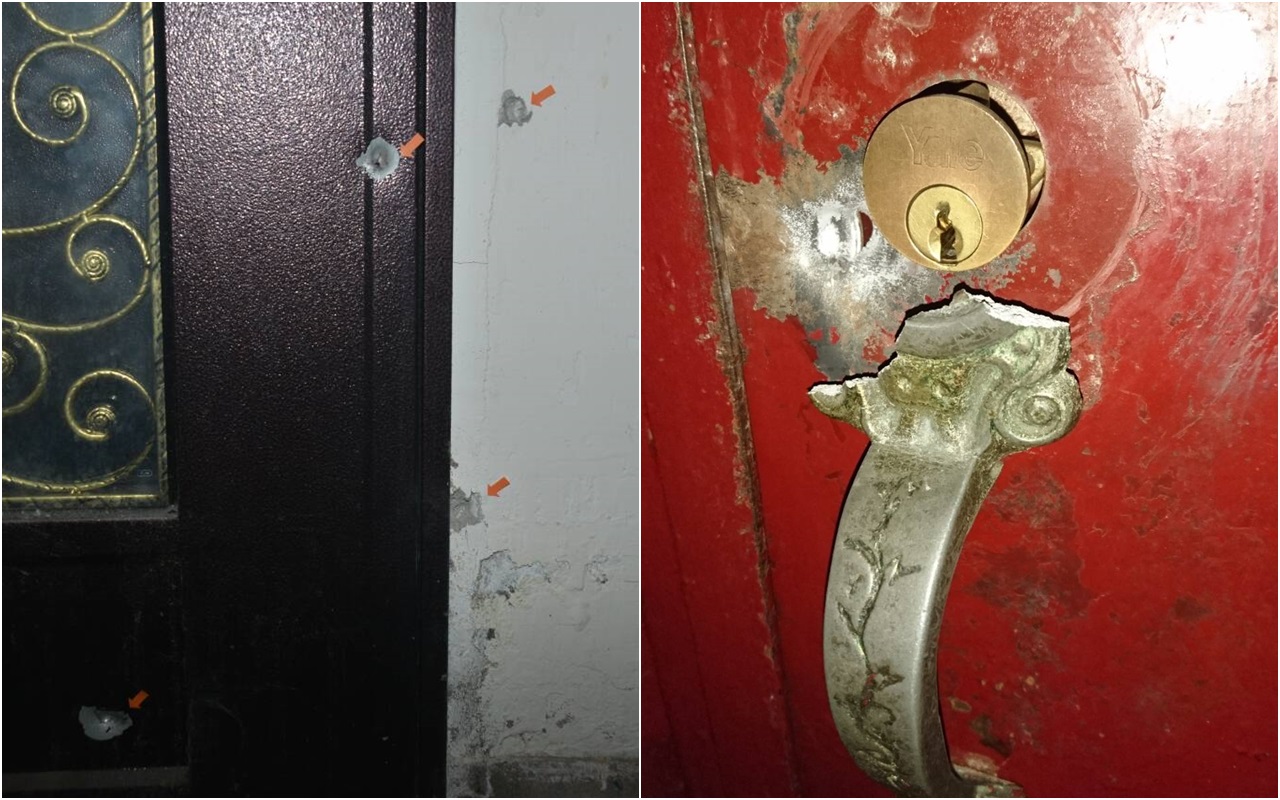 左：警匪在中和老舊公寓強力駁火，在現場留下斑斑彈殼。右：住戶門把被劉嫌拉歪，顯示劉嫌一度意圖闖入民宅。