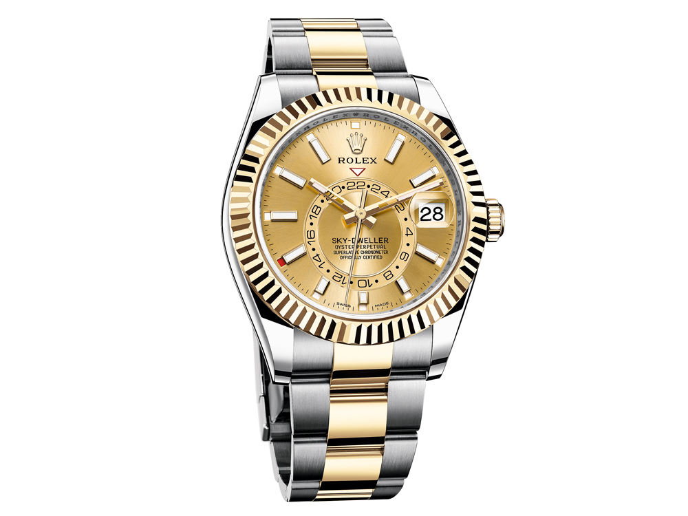不鏽鋼材質搭配18K黃金旋轉外圈及鍊節／直徑42mm／9001自動上鍊機芯／COSC勞力士頂級天文台認證／振頻每小時28,800次／動力儲能72小時／時、分、秒指示、年曆功能、兩地時間顯示／防水100米／建議售價：CHF16,300（約NT$500,000）
