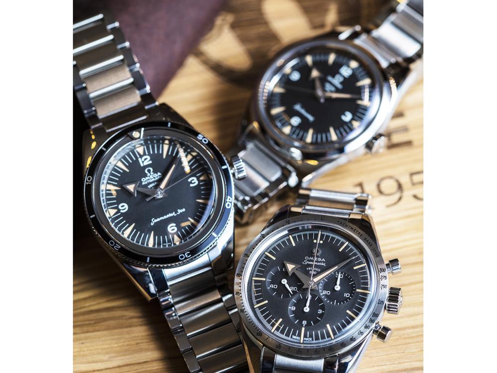 機芯:自動上鍊機芯(上、中),手上鍊機芯(下)/功能:Seamaster海馬300六十周年紀念Master Chronometer限量版腕錶(上),Railmaster鐵霸六十周年紀念Master Chronometer限量版腕錶(中)為時、分、秒顯示;Speedmaster超霸六十周年紀念限量版計時碼錶(下)為時、分、小秒顯示,計時碼錶功能/建議售價:NT$706,600(一套)