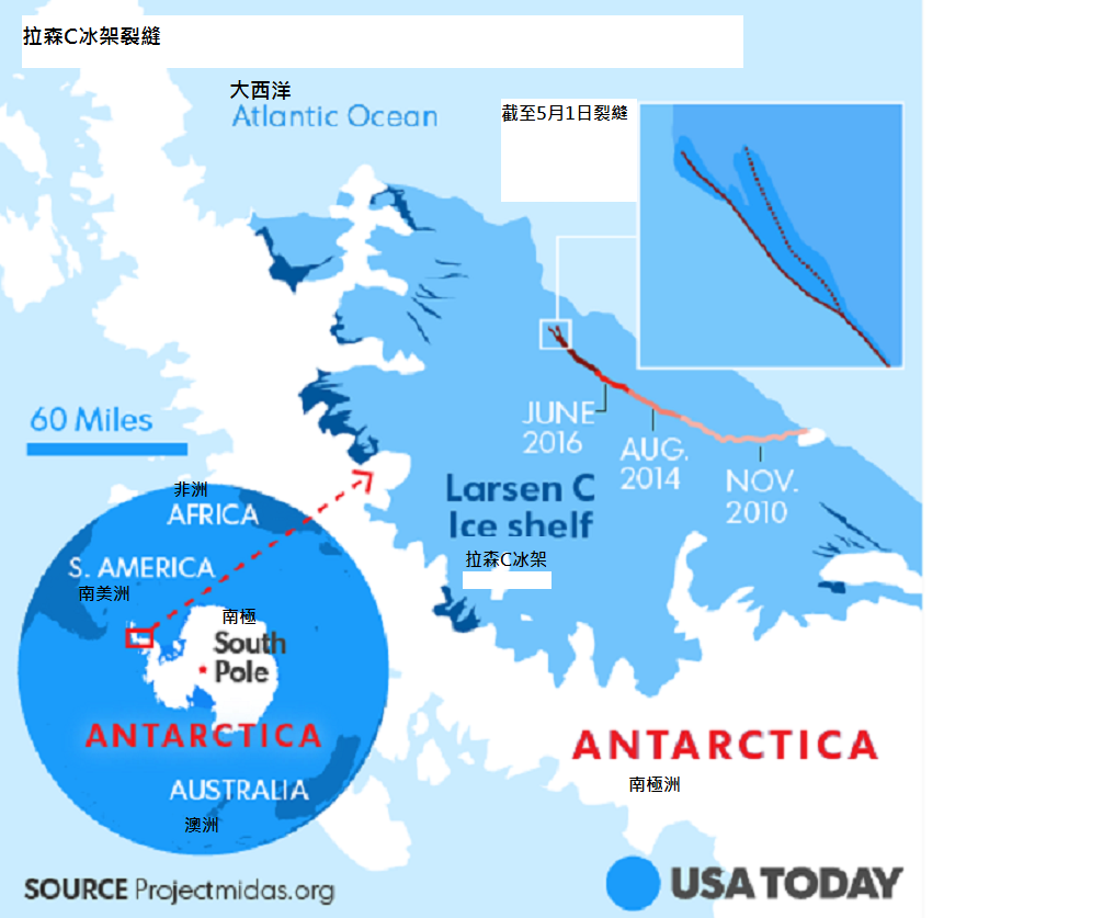 南極洲第四大冰架拉森C冰架的裂縫出現另一道分岔。（截自今日美國報）