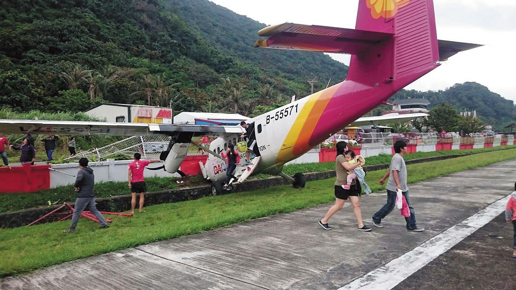 德安航空新型飛機DHC6-400上月13日在蘭嶼機場降落時偏出跑道,目前證據指向人為操作不當。(翻攝自東岸微觀多媒體資訊平台臉書)