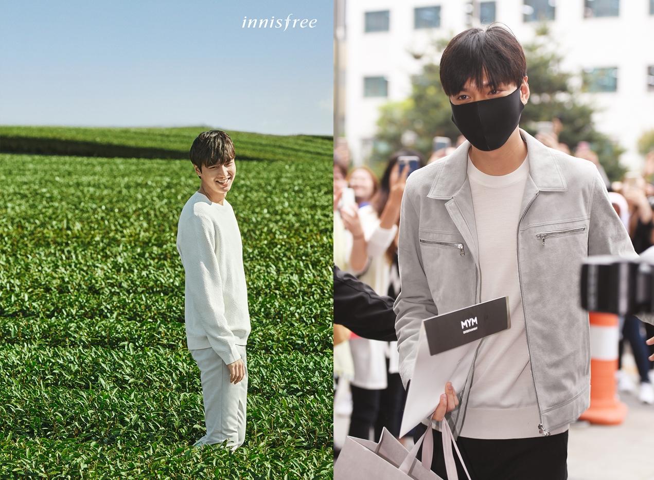 韓星李敏鎬12日開始「社會服務要員」的當兵生涯,他一身便裝出現在首爾江南區廳,許多粉絲聚集在此歡迎。(合成圖片,左翻攝自innisfree、右圖取自東方IC)