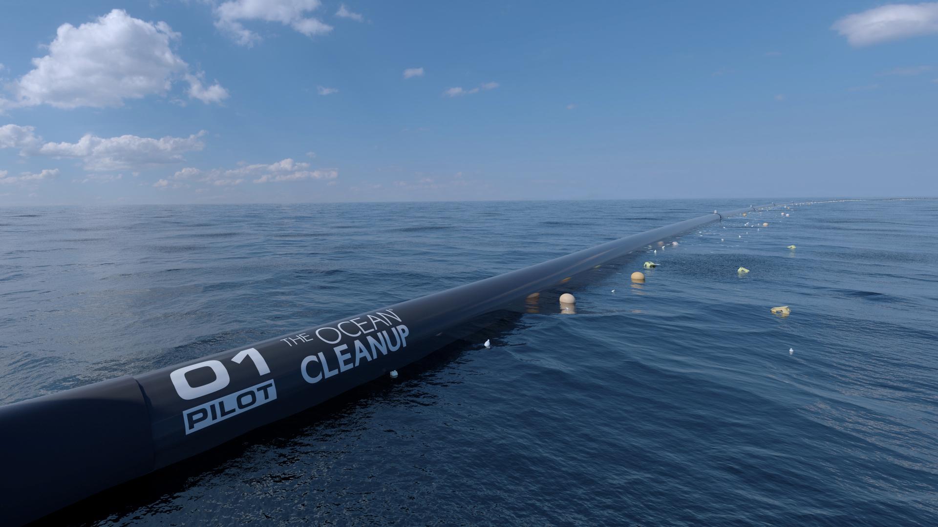 「清理海洋」以攔截索收集海洋垃圾的電腦模擬。（圖片來源：Ocean Cleanup網站）