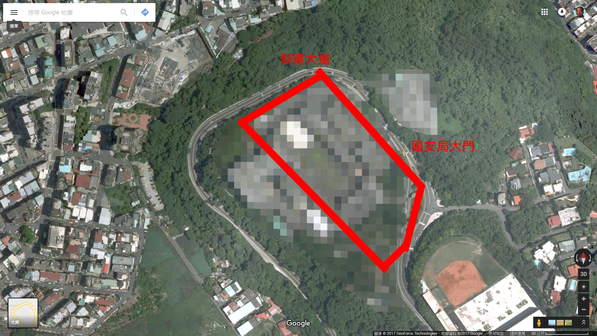 國安局本部有3/5是占用私人土地（約為紅框處），面積約3千坪。（翻攝Google Maps）