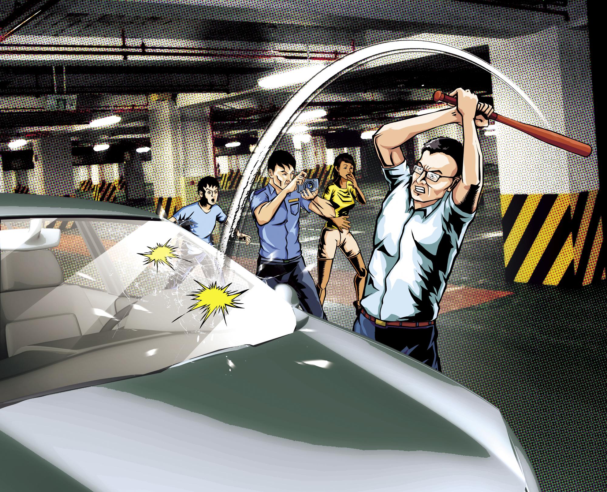 蔡豪回家發現有休旅車停在自家停車位，認為妻子宋麗華帶男人回家，氣得持球棒砸毀其車窗。