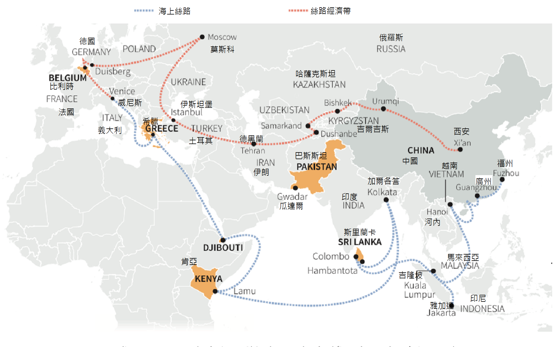 「一帶一路」的海上絲路與陸上經濟帶。(翻攝Quartz)