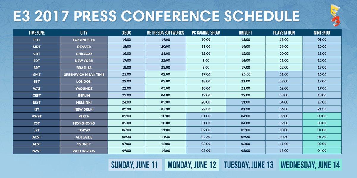 E3展官方整理的記者會時間表。（twitter@e3）