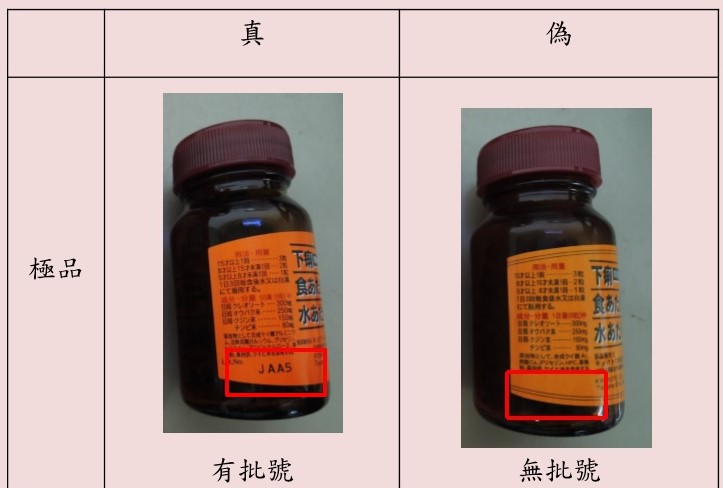 極品正露丸真品、偽藥包裝比較。