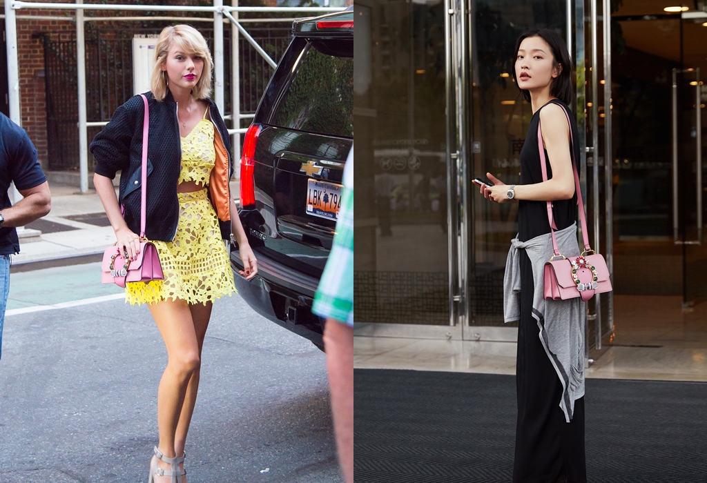 泰勒絲（左）穿著招牌中空裝，搭配粉紅色小包展現青春活力，超模杜鵑（右）一身素雅黑色長洋裝，利用粉紅色MIUlady畫龍點睛。
