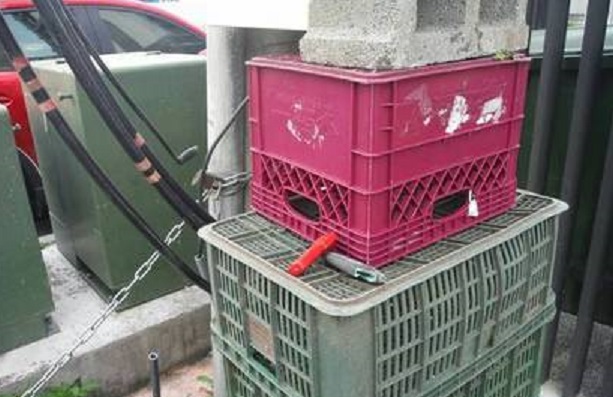 陳嫌連工作用鋁梯都沒帶，踏在塑膠籃子上偷電線，行跡怪異被民眾報警查獲。