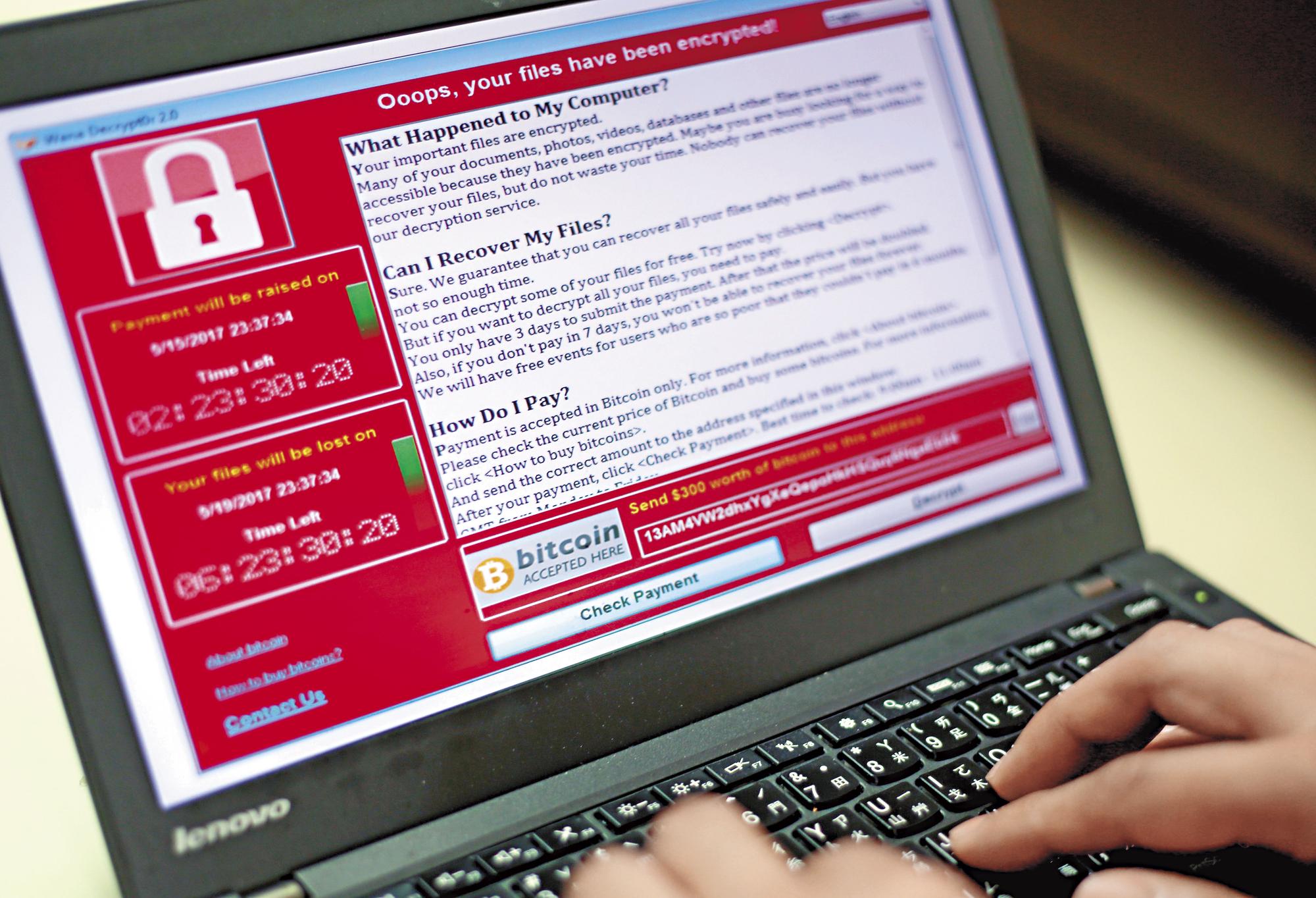 名為「想哭」（WannaCry）的勒索病毒在全球肆虐，上百個國家遭到攻擊。（東方IC）