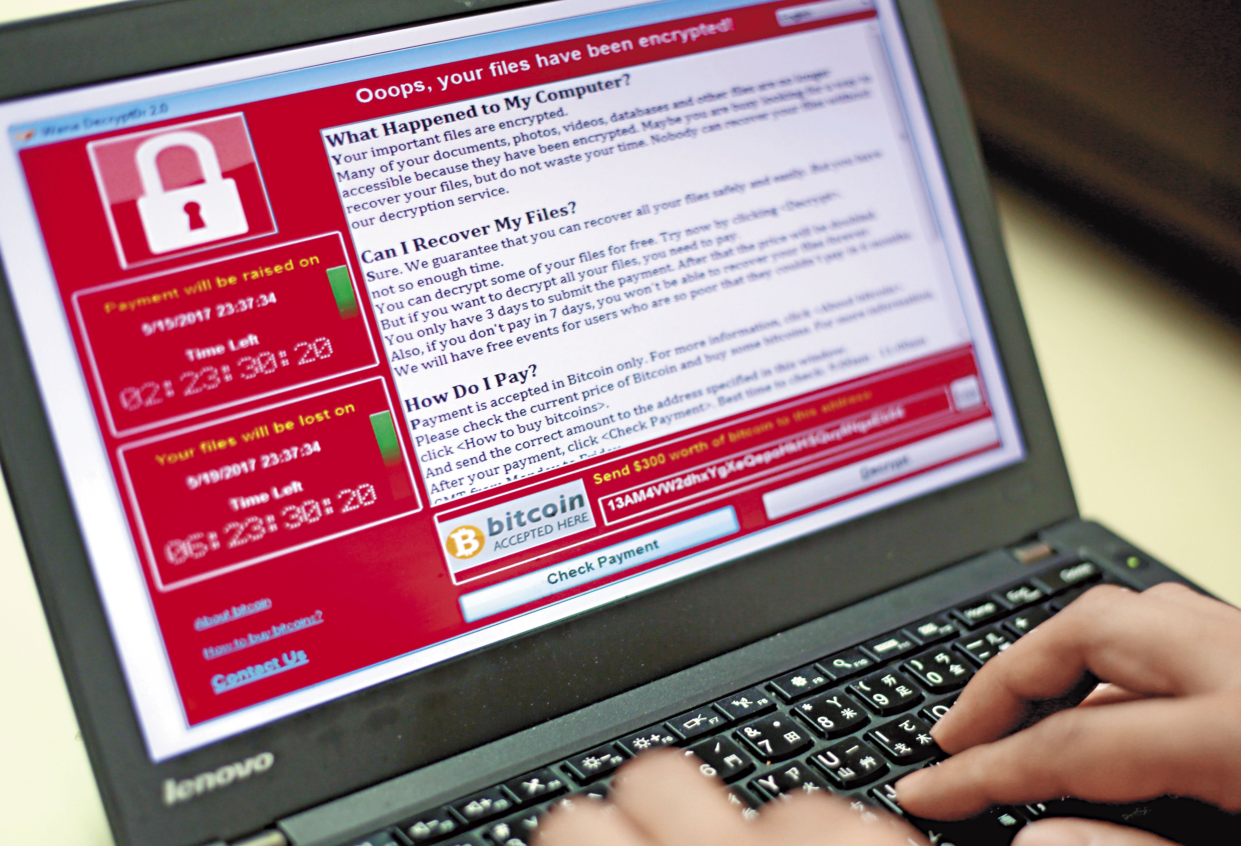 名為「想哭」(WannaCry)的勒索病毒在全球肆虐,上百個國家遭到攻擊。(東方IC)
