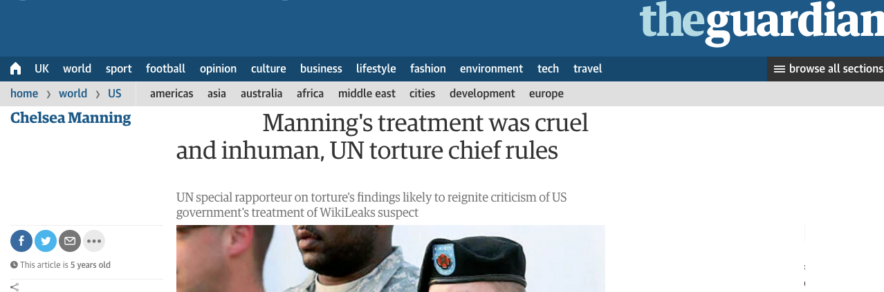 聯合國人權委員會酷刑事務特別報告人曾指控美國政府在獄中對曼寧「殘酷、不人道、羞辱」的待遇。（圖片截自The Intercept）