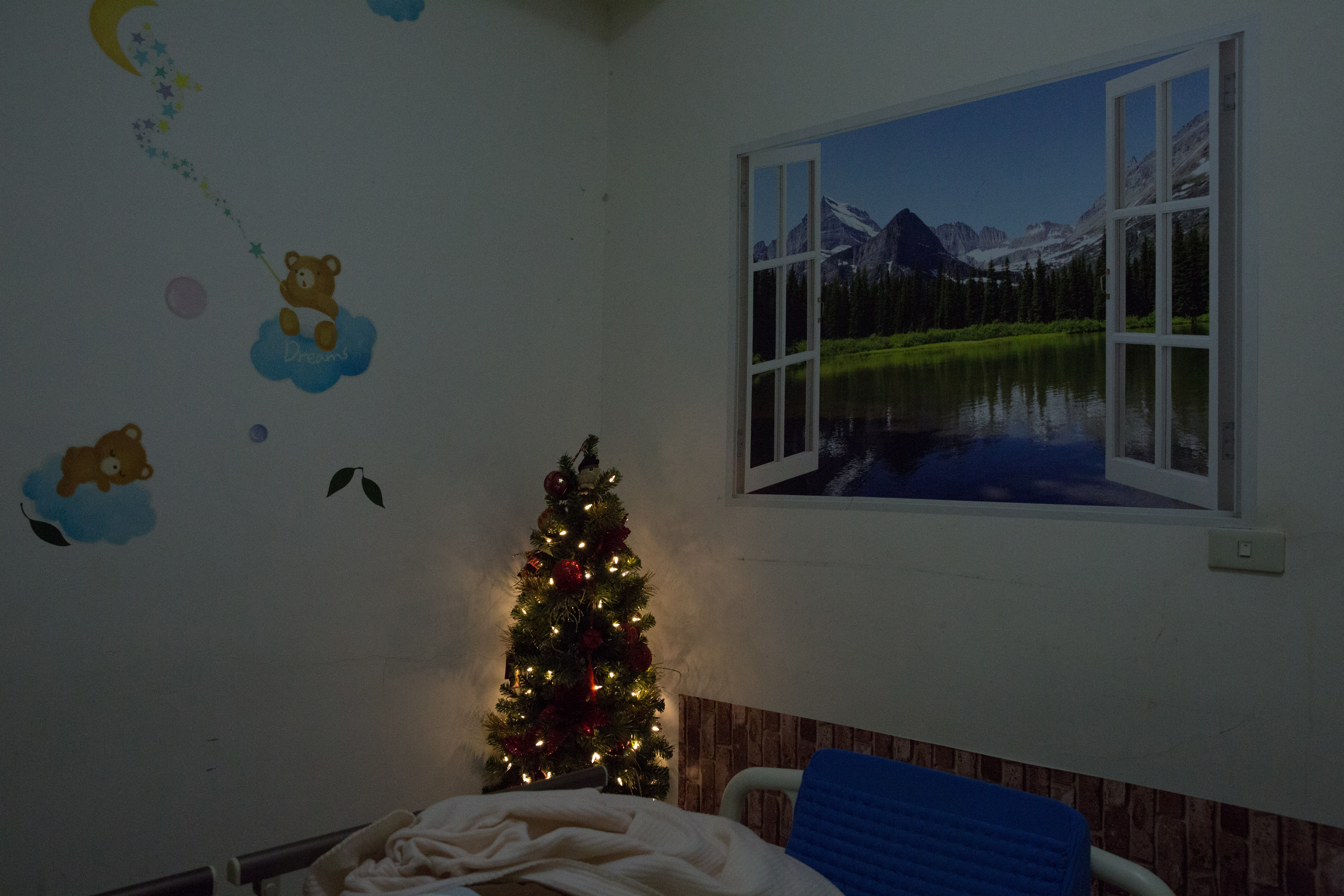 一旁的聖誕樹和窗景壁紙是詹庭豪每日醒來會看見的景色。