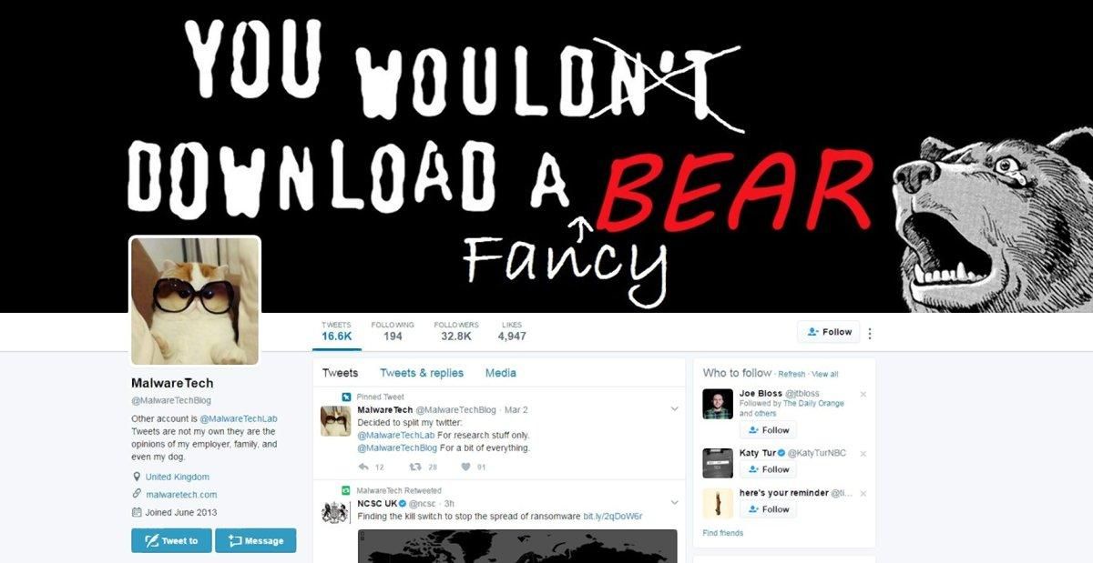 遏阻勒索軟體攻擊的英國資安專家哈欽斯,在推特使用的「Malware Tech」帳號。