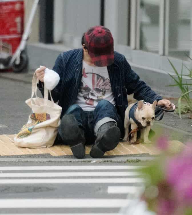 上週五草彅剛被直擊坐在離家十公里遠的馬路上,跟狗「散步」。(翻攝網路)