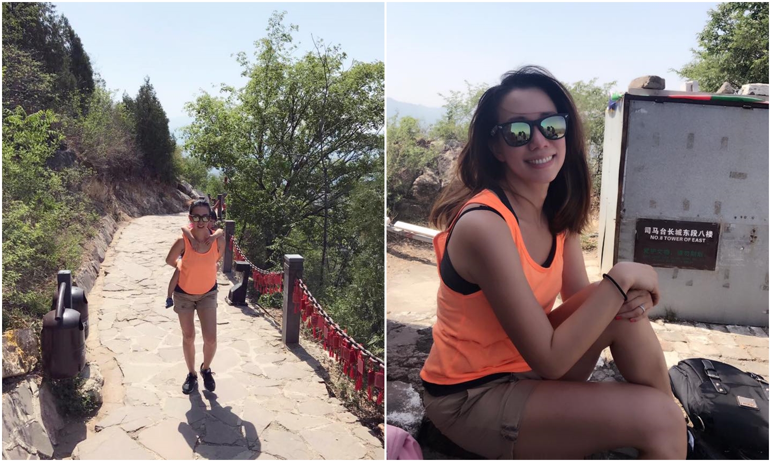 吳辰君趁週未帶著一家老幼行長城，小女兒走不動，只好揹著她走。