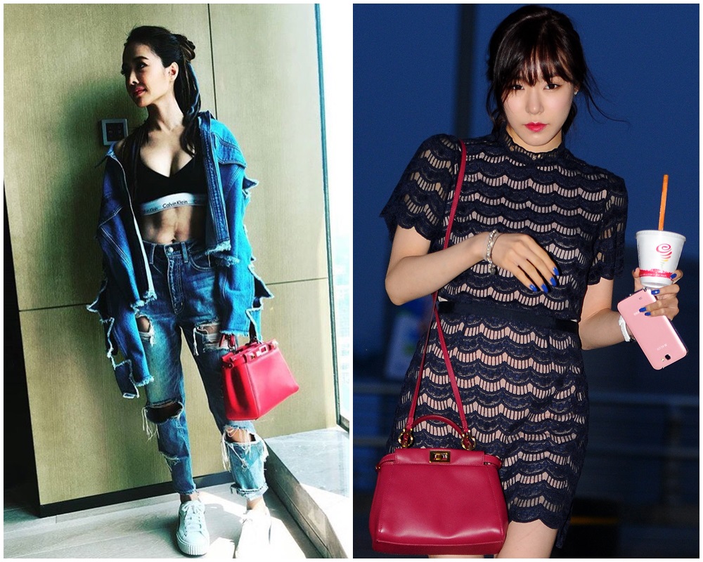 蔡依林（左）展現完美線條的腹肌，手提FENDI經典款MINI PEEKABOO系列紅色鉚釘肩背包。NT$133,000(翻攝蔡依林IG)；Tiffany（右）穿著黑色洋裝搭配紅色Peekaboo。（品牌提供）