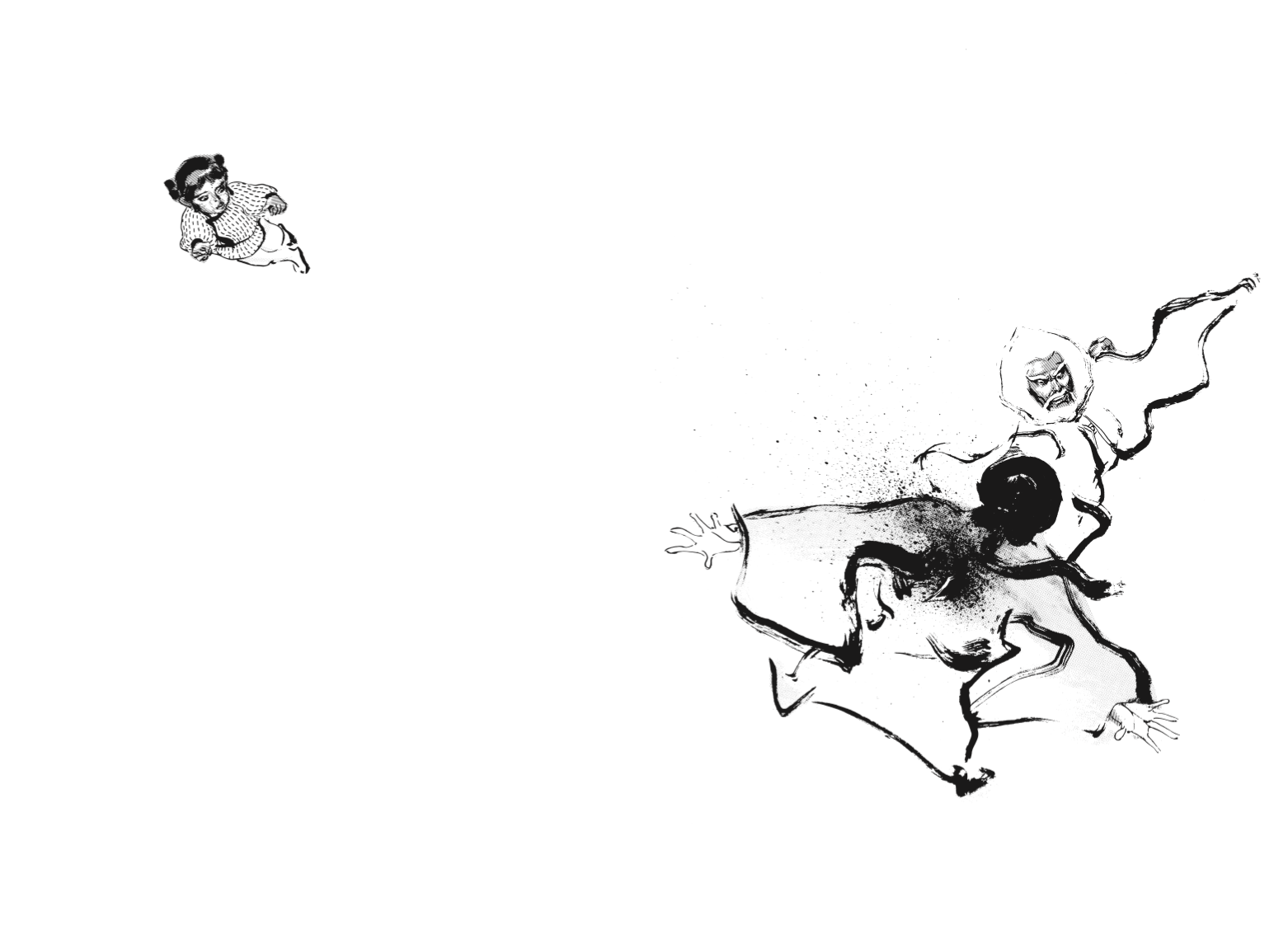 《阿鼻劍》中,史飛虹一刀刺入于景,巨幅的留白呈現出驚人氣勢。