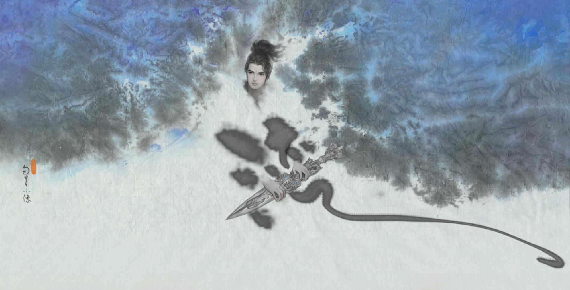 2012年鄭問為安古蘭漫畫展台灣館所繪的主視覺海報：手持阿鼻劍的何勿生。