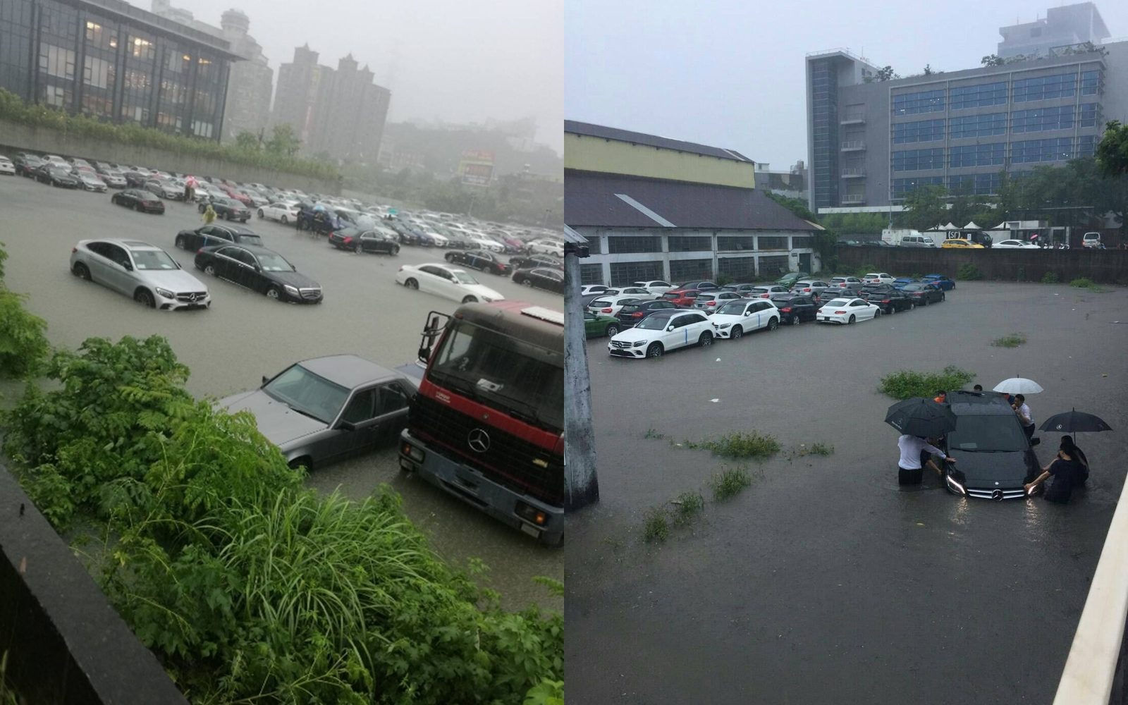 鋒面帶來的大雨造成賓士汽車中心淹大水，價值數百萬的賓士車陷入水鄉澤國，業務趕忙將車移出，中華賓士則強調車體未受損。