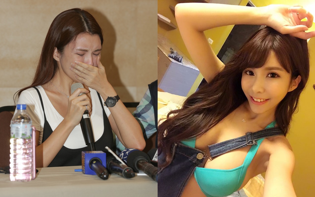 國光女神Lala（蘇心甯）8日召開記者會，哭得梨花帶淚。右為她的臉書美照（取自Lala蘇心甯臉書）。